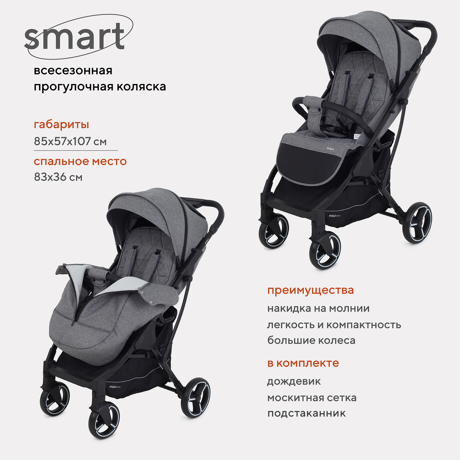 Коляска детская прогулочная MOWBaby SMART MB101 Grey 2023 Китай