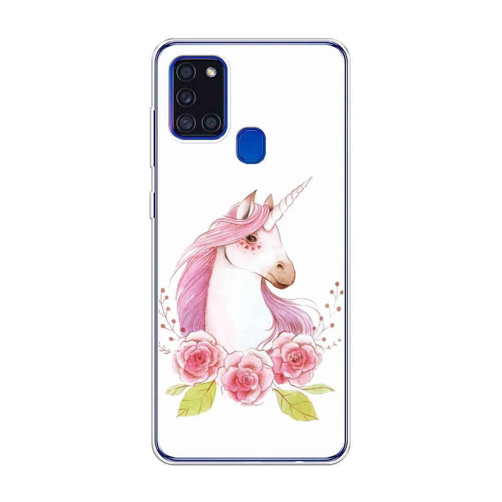 

Чехол для Samsung Galaxy A21s "Единорог цветы", Белый;розовый;серый, 2100250-1