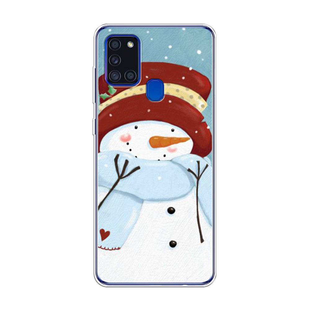 

Чехол на Samsung Galaxy A21s "Застенчивый снеговик", Голубой;белый;красный, 2100250-5