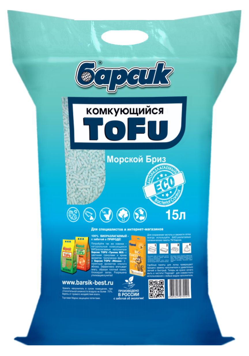 

Комкующийся наполнитель Барсик Тофу соевый, морской бриз, 15 л