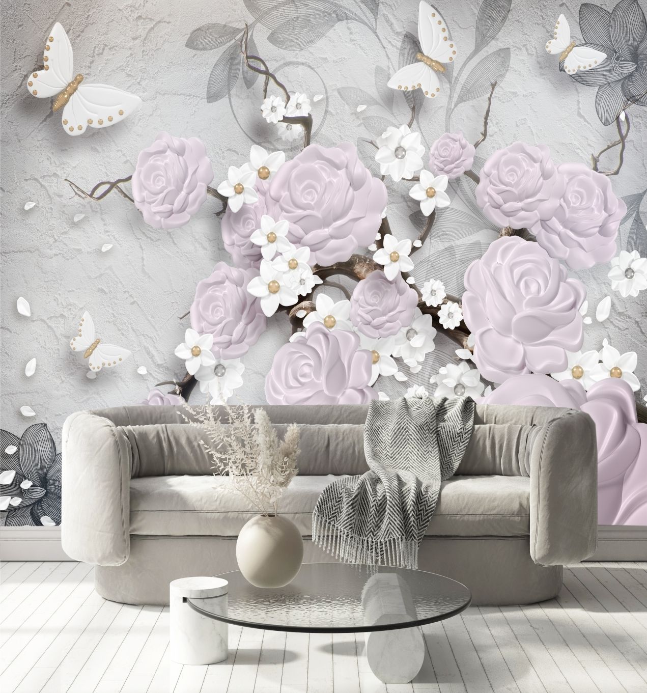 фото Фотообои dekor vinil с цветами "3d розы на сером фоне" 300х270 см