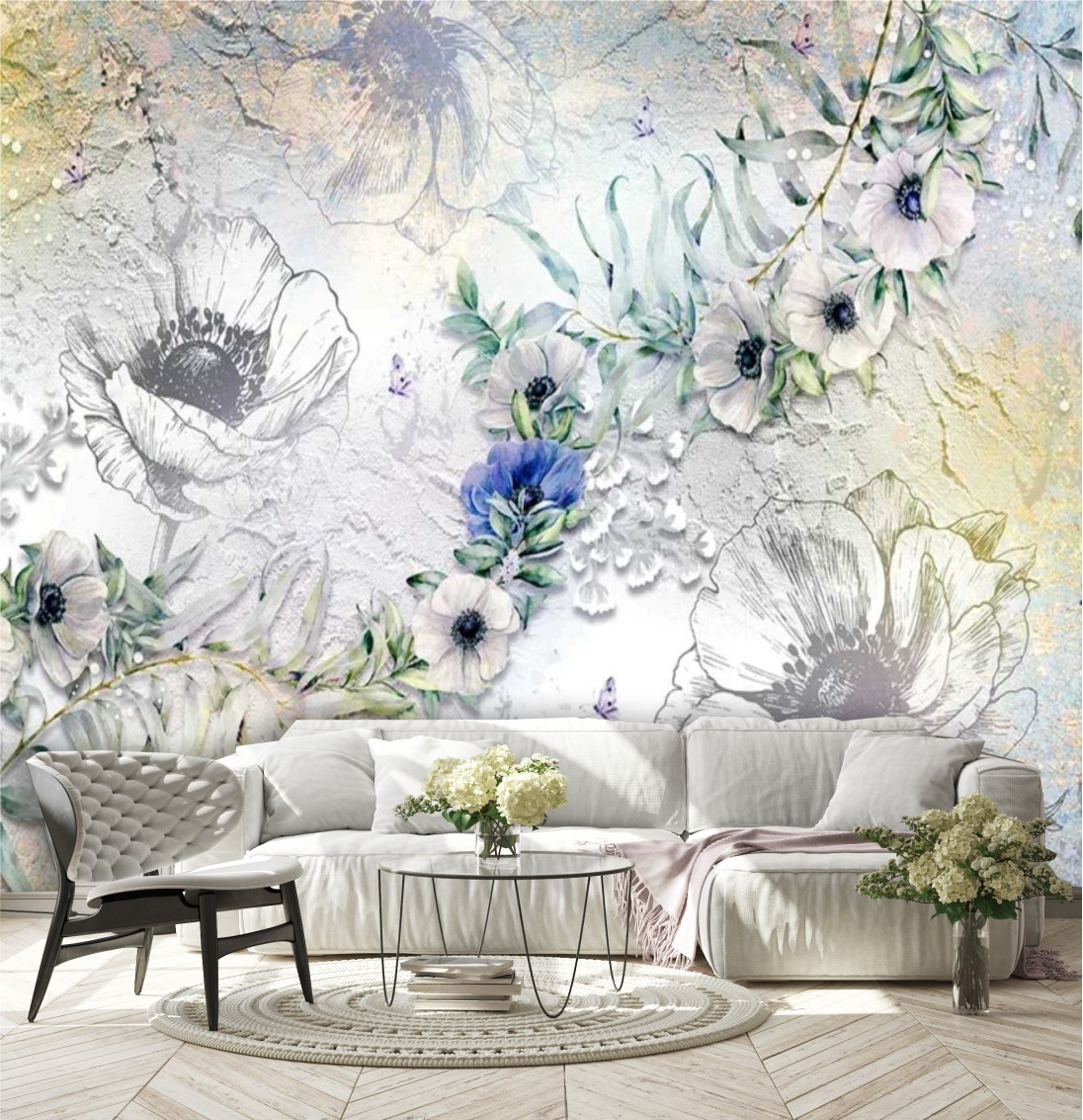 фото Фотообои dekor vinil с цветами "акварельные маки на бетонной стене" 300х270 см
