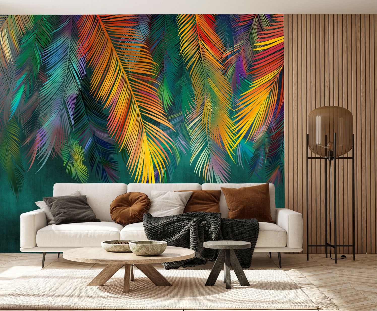 фото Фотообои dekor vinil с тропиками "разноцветные листья пальмы на зеленом фоне" 300х270 см