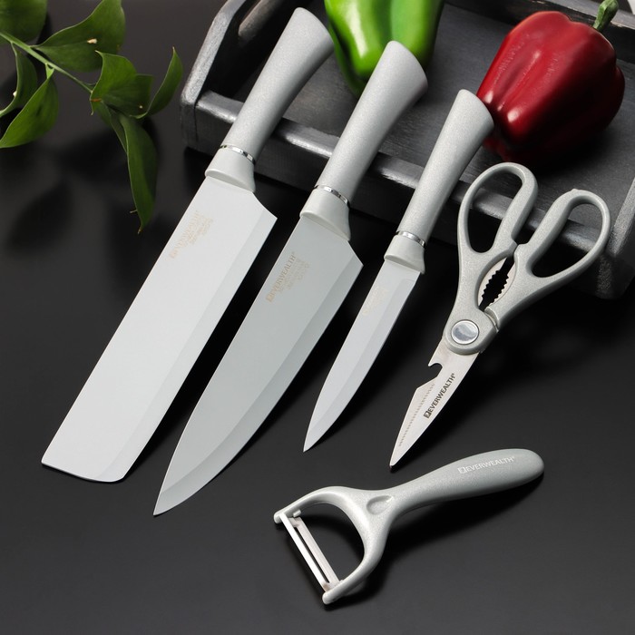 

Набор ножей Blades, 5 предметов: 3 ножа, овощечистка, ножницы в комплекте, цвет белый