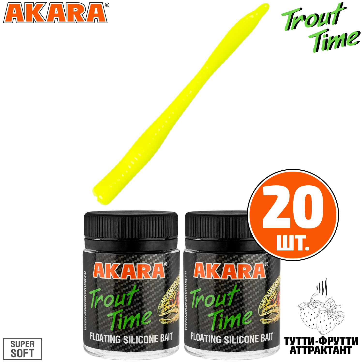 

Силиконовая приманка Akara Trout Time WORM 3 04Y, Tu-Frutti (20 шт.), WORM 3 Тутти-Фрутти