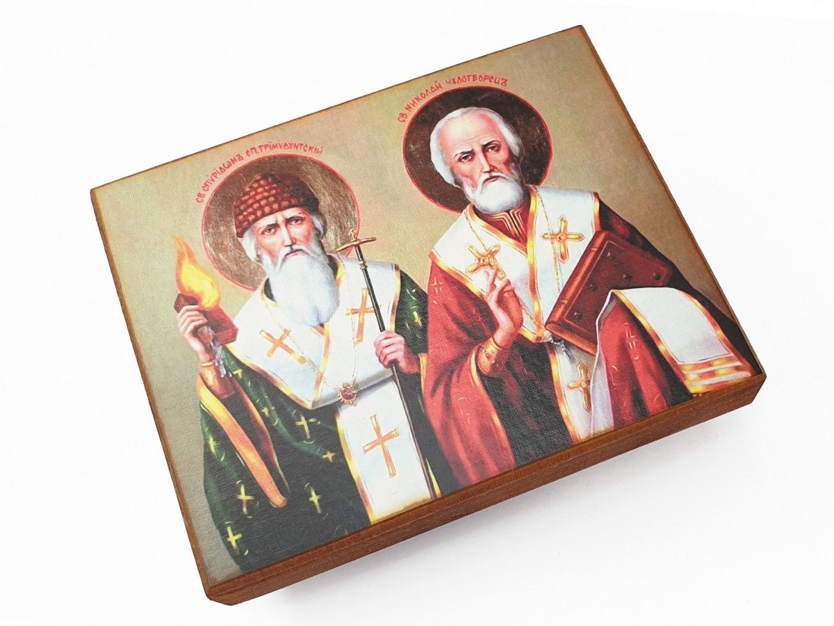 

Икона Николай и Спиридон, под старину, 10х13 см