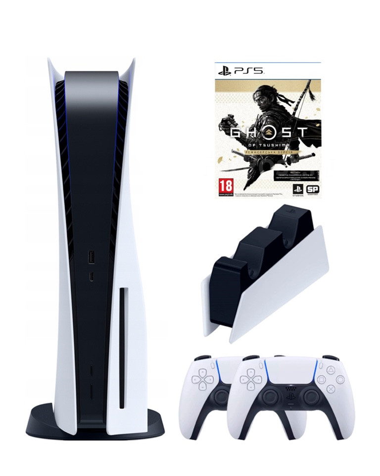 

Игровая приставка Sony PlayStation 5 (3-ревизия)+2-й геймпад(белый)+Призрак Цусимы, Белый;черный