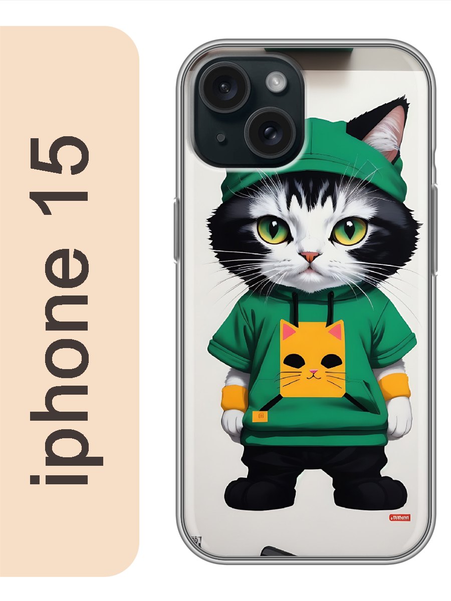 

Чехол на Apple Iphone 15 кот в худи 962, Прозрачный, Iph15cats