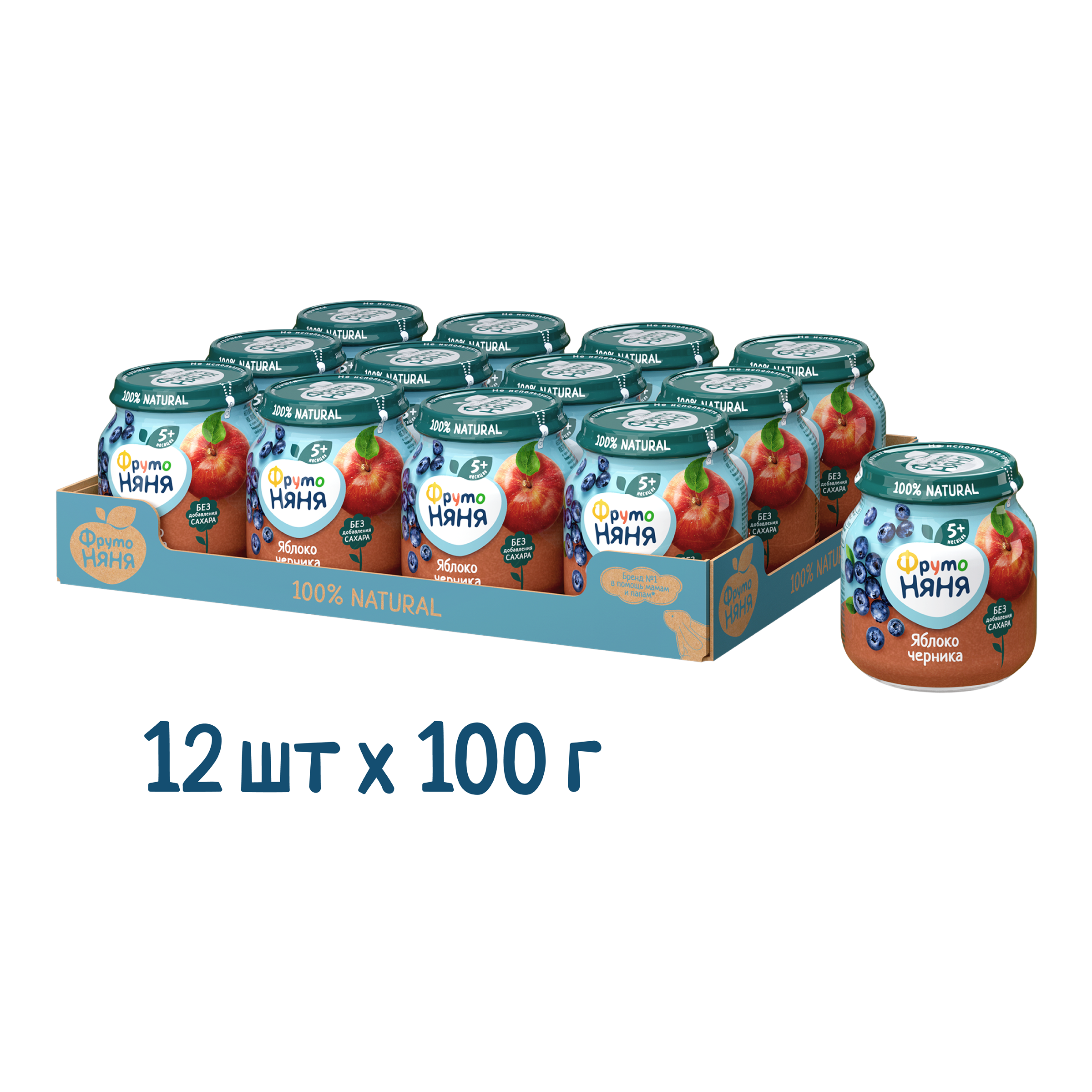 

Пюре ФрутоНяня яблоко и черника, с 5 месяцев, 12x100 г