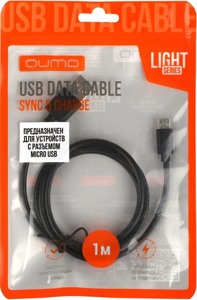 Кабель QUMO Light series USB - Micro USB 5В, PVC, 1A, 1 м, черный