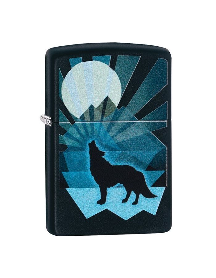 

Зажигалка ZIPPO Wolf and Moon с покрытием Black Matte, латунь/сталь, чёрная, матовая, Серый;голубой;черный, Wolf and Moon
