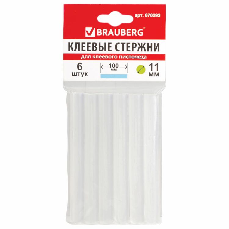 Клеевые стержни, диаметр 11 мм, длина 100 мм, прозрачные, комплект 6 шт., Brauberg