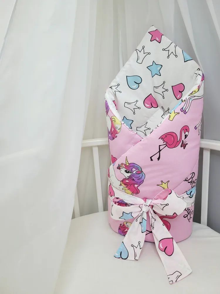 Конверт-одеяло на выписку, Единороги на розовом, разноцветный, 90*90см