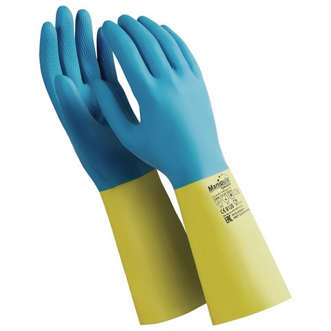 фото Перчатки латексно-неопреновые manipula "союз", размер 7-7,5 (s), синие/желтые, ln-f-05