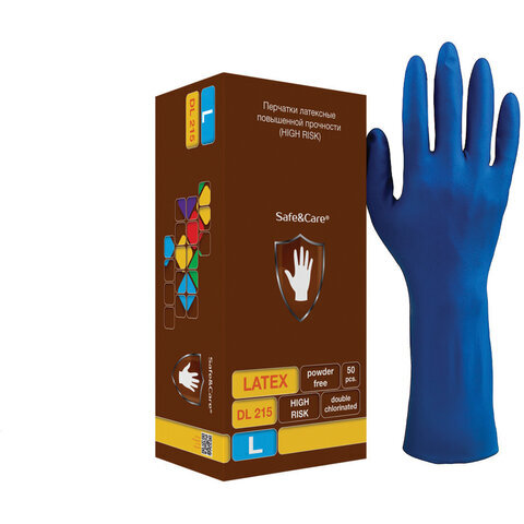 Перчатки латексные смотровые КОМПЛЕКТ 25пар(50шт), L синие, SAFE&CARE High Risk DL 215