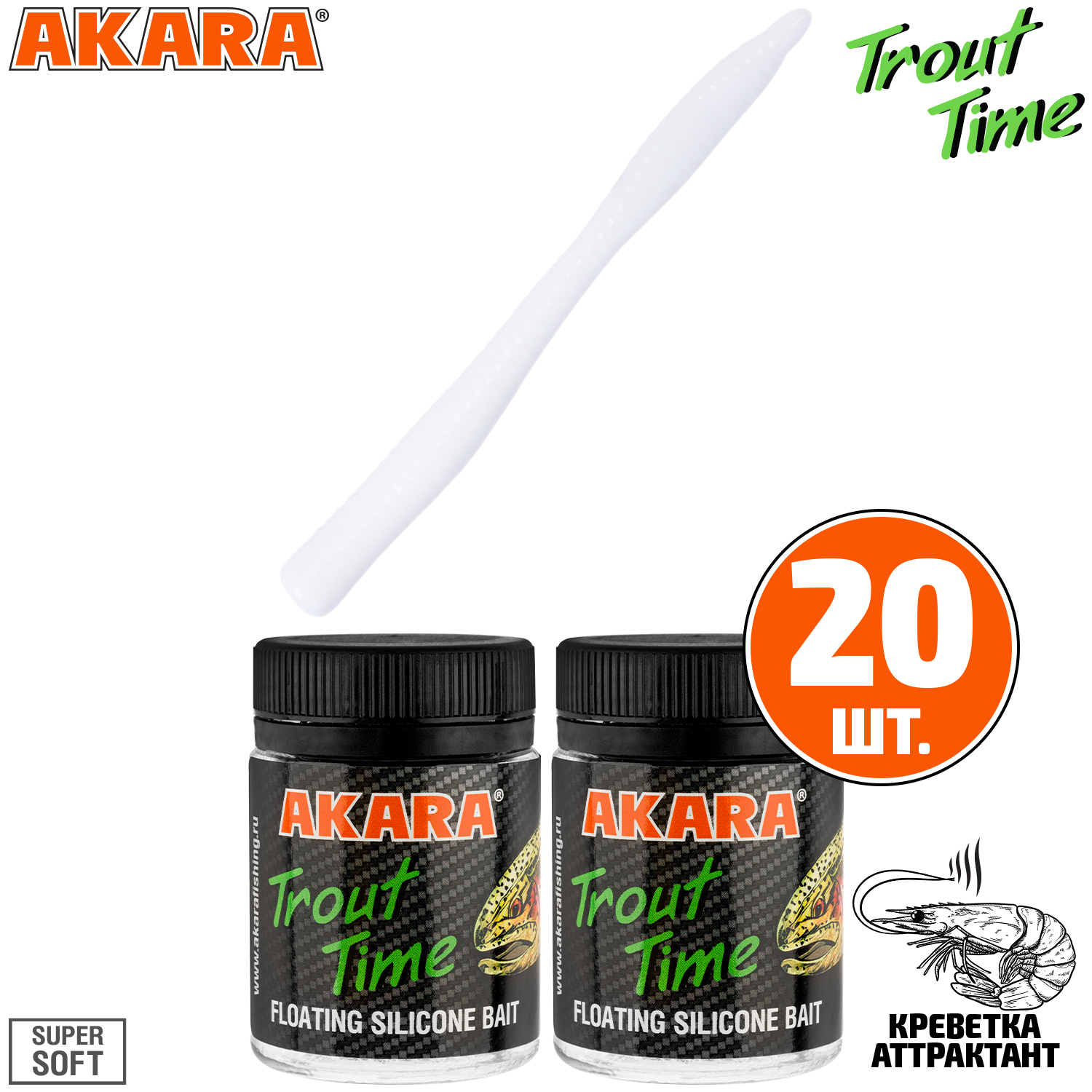 

Силиконовая приманка Akara Trout Time WORM 3 02T, Shrimp (20 шт.), WORM 3 Креветка