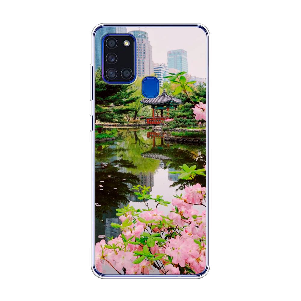 

Чехол на Samsung Galaxy A21s "Сакура возле озера", Зеленый;розовый;голубой, 2100250-2