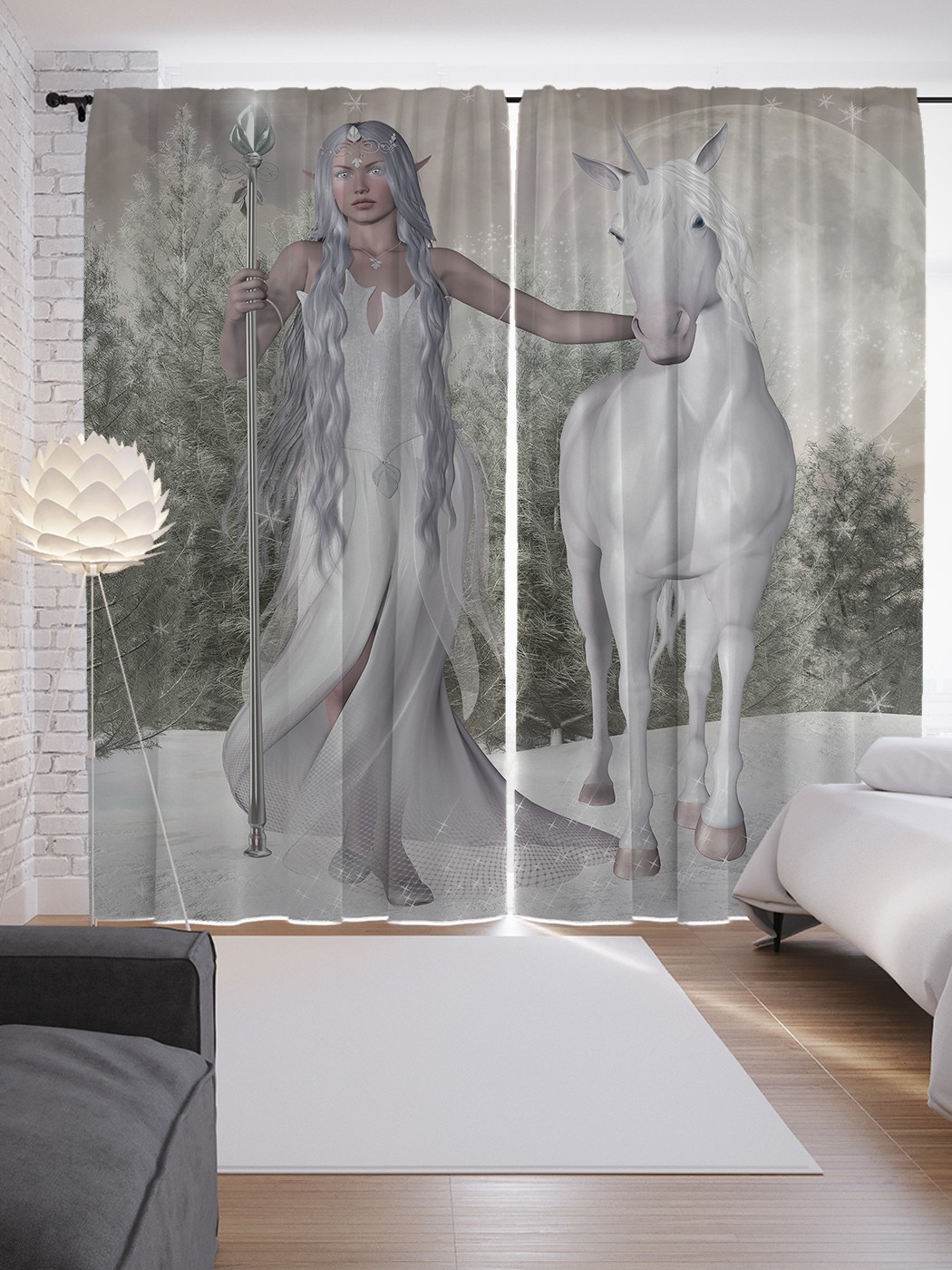 

Шторы JoyArty с фотопечатью "Единорог и девушка" из сатена, 290х265 см, Единорог и девушка