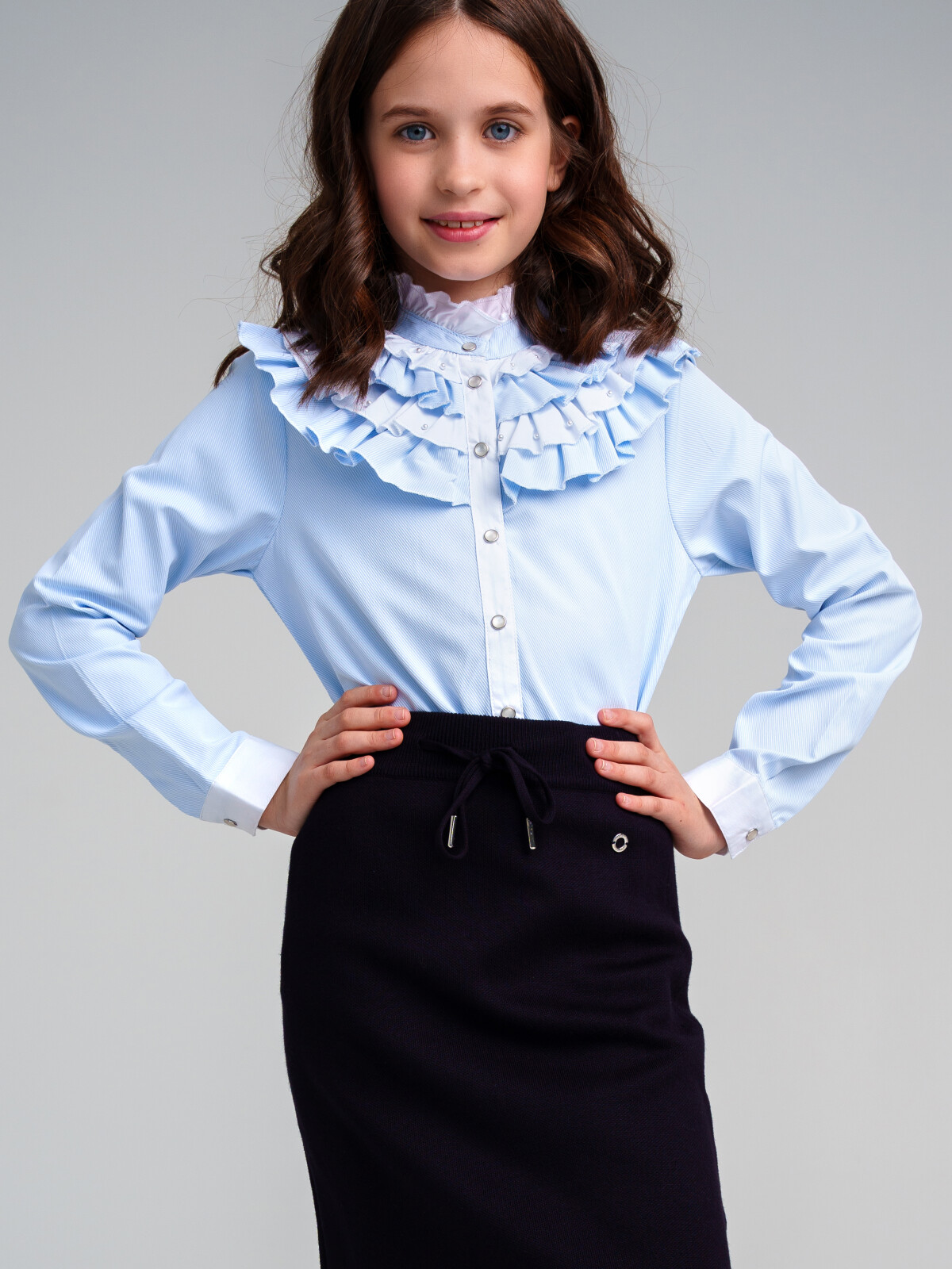 Блузка текстильная для девочек PlayToday, голубой,белый, 152
