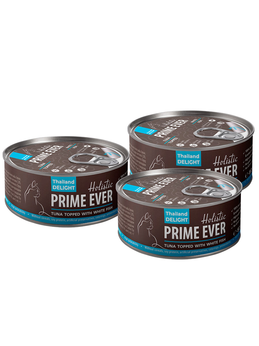 

Консервы для кошек Prime Ever тунец с белой рыбой в желе, 3шт по 80г