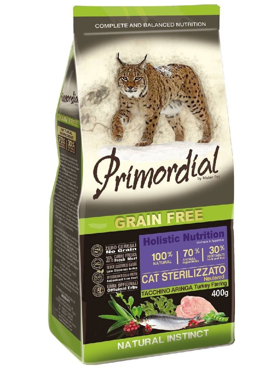 Сухой корм для кошек Primordial Natural instinct, для стерилизованных, индейка,сельдь, 2кг