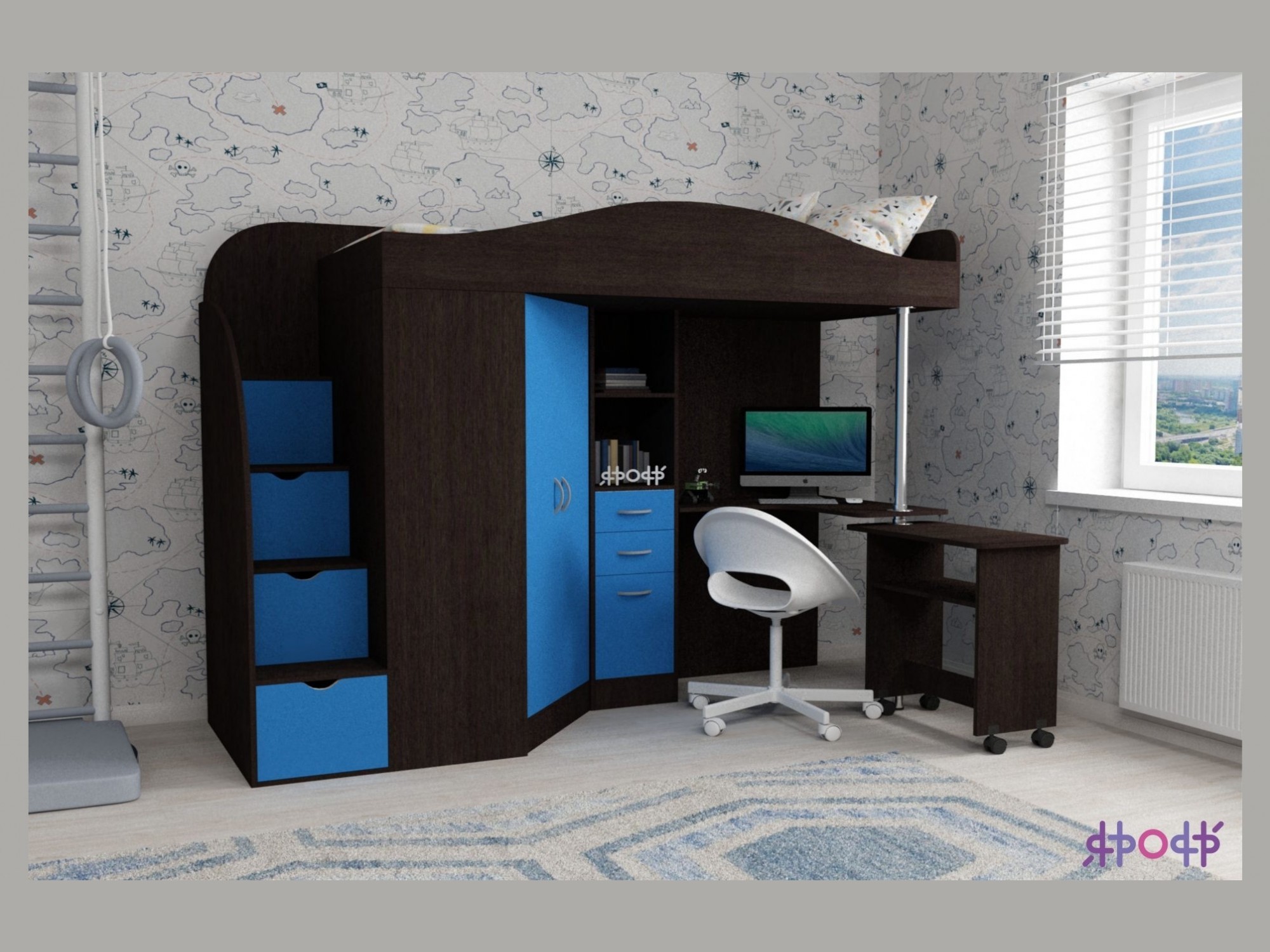 

Кровать-чердак Юниор 4 (Голубой, Венге), 42262-5-54
