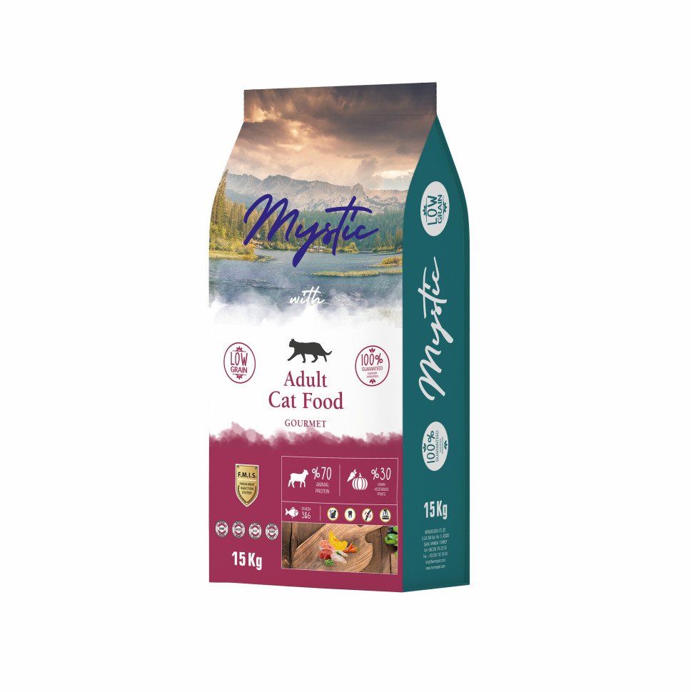 фото Сухой корм для кошек mystic adult cat food gourmet с курицей, 15 кг