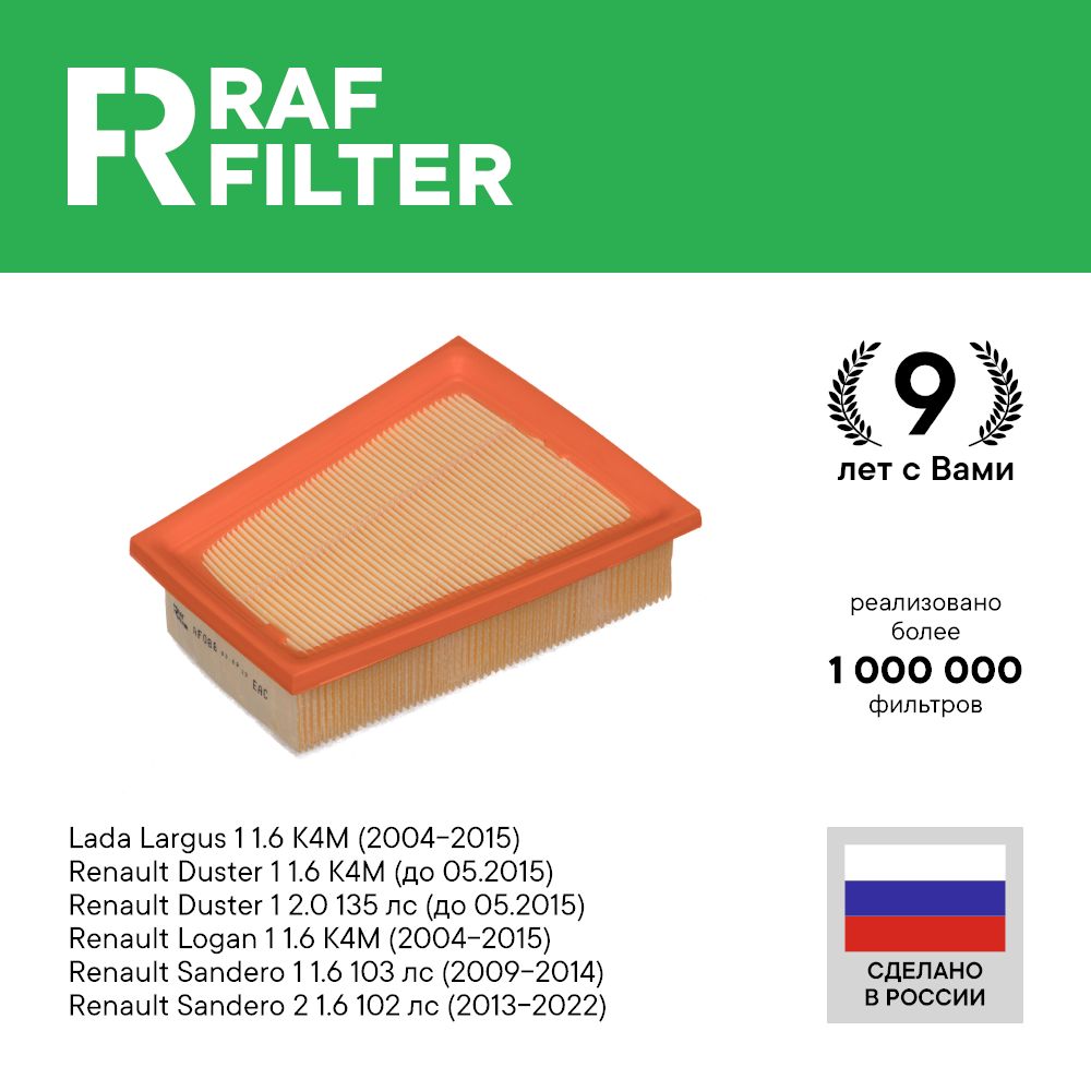 

Фильтр воздушный RAF Filter AF088 Nissan Almera g15 1.6 Renault Duster 1 1.6 k4m, 2л до 15