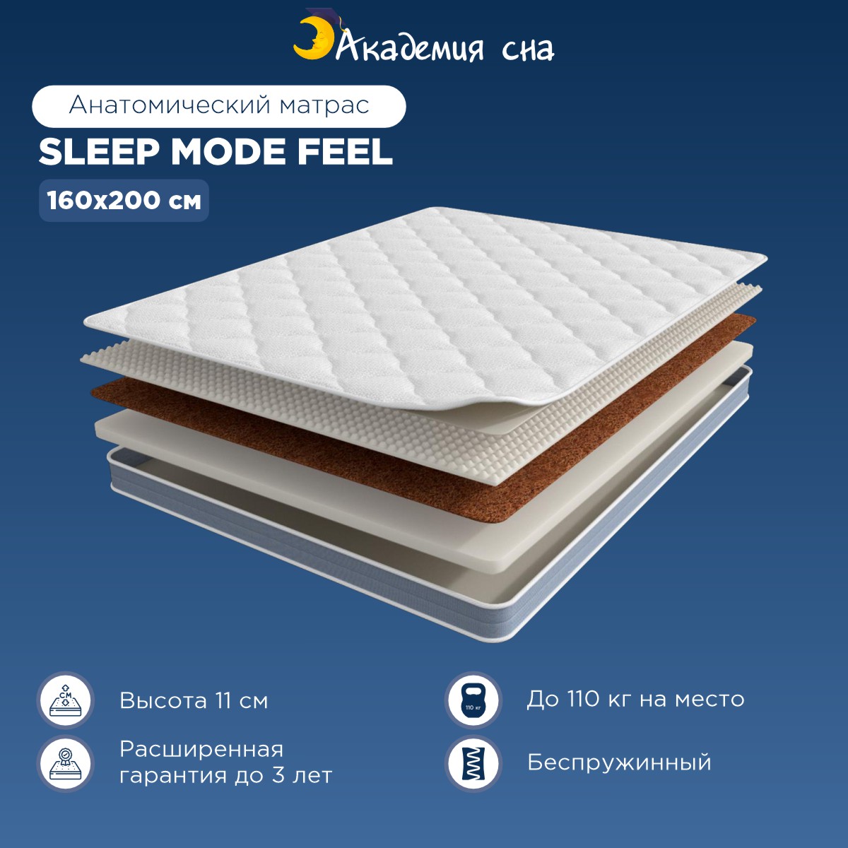 

Матрас анатомический Академия сна Sleep Mode feel 160x200 см, Белый, Sleep Mode Feel