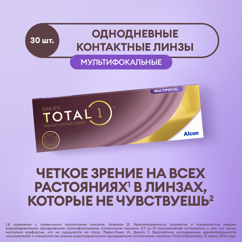 Мультифокальные линзы ALCON, Dailies Total 1 Multifocal, 1 день, +2.25 medium 8.5, 30 шт