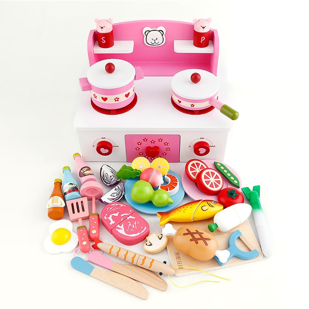 Игровой набор Детская кухня (розовый, деревянный, 33 предмета)