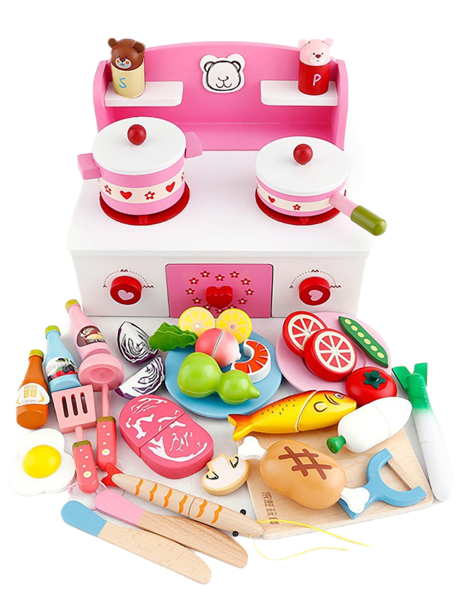 Игровой набор Детская кухня (розовый, деревянный, 31 предмет, 31x25x19,5 см)