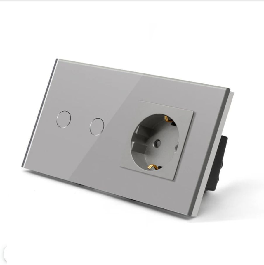 

Розетка и умный WiFi выключатель Terem Techno двойной с Алисой стеклянный серый с таймером, VK-2-ROZ