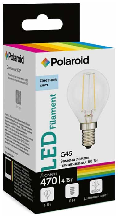 Лампа светодиодная Polaroid 220V FIL G45 4W 6500K E14 470lm 466₽