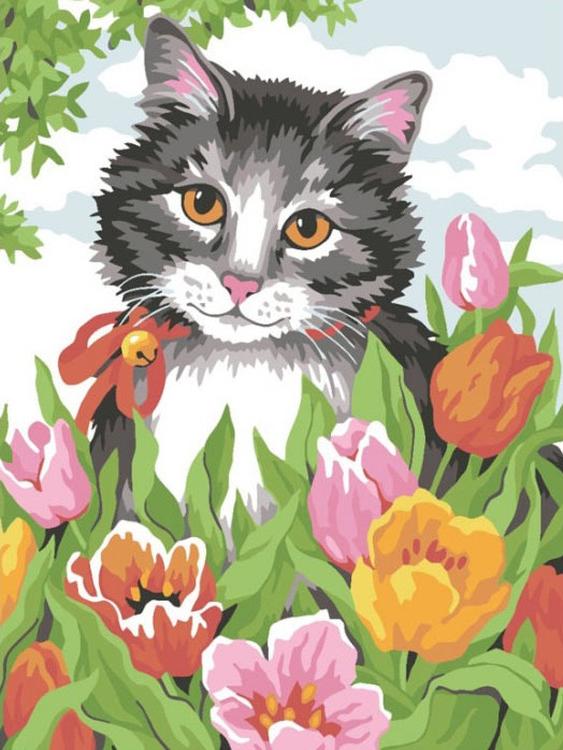 

Картина по номерам Color Kit Кошечка в тюльпанах, 30x40, Кошечка в тюльпанах