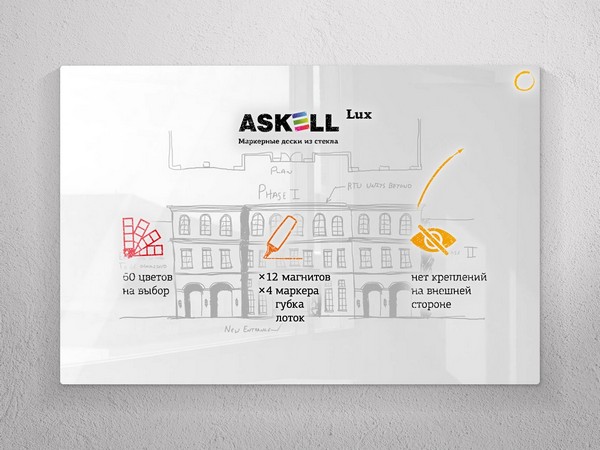 Доска стеклянная магнитно маркерная Askell Lux, 120*200 см