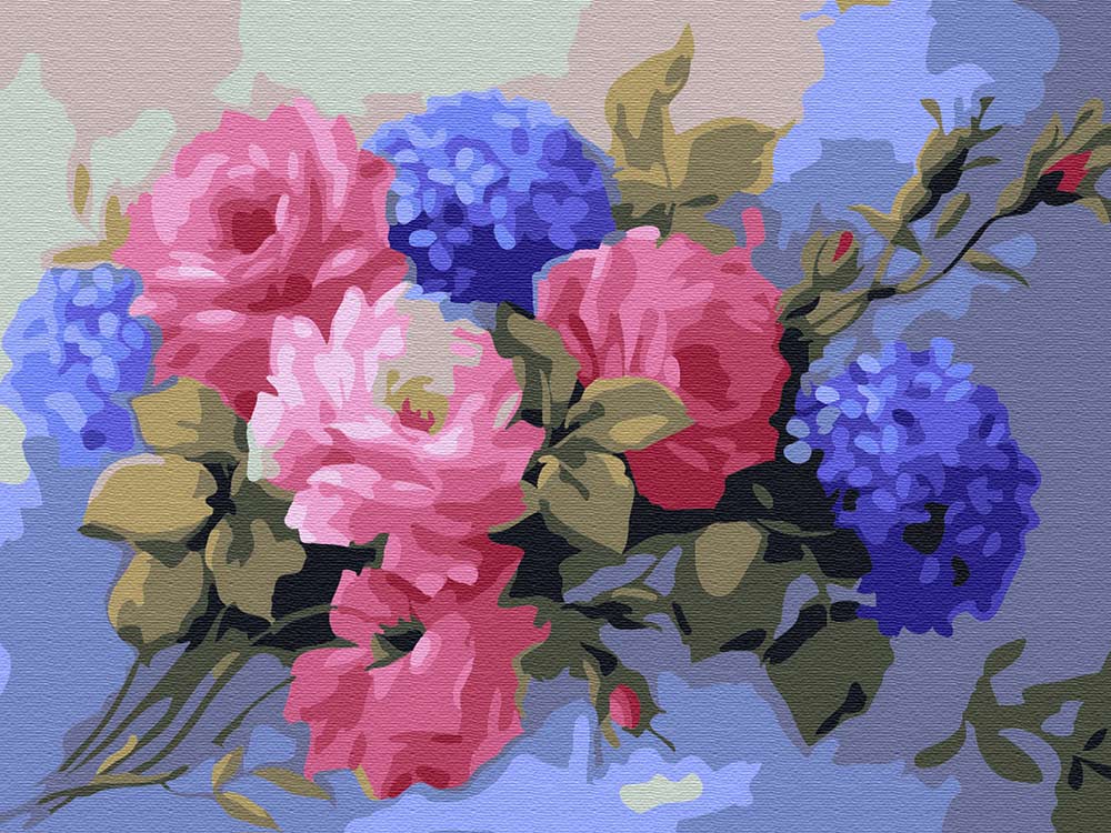 фото Картина по номерам molly гортензии с розами, 15x20