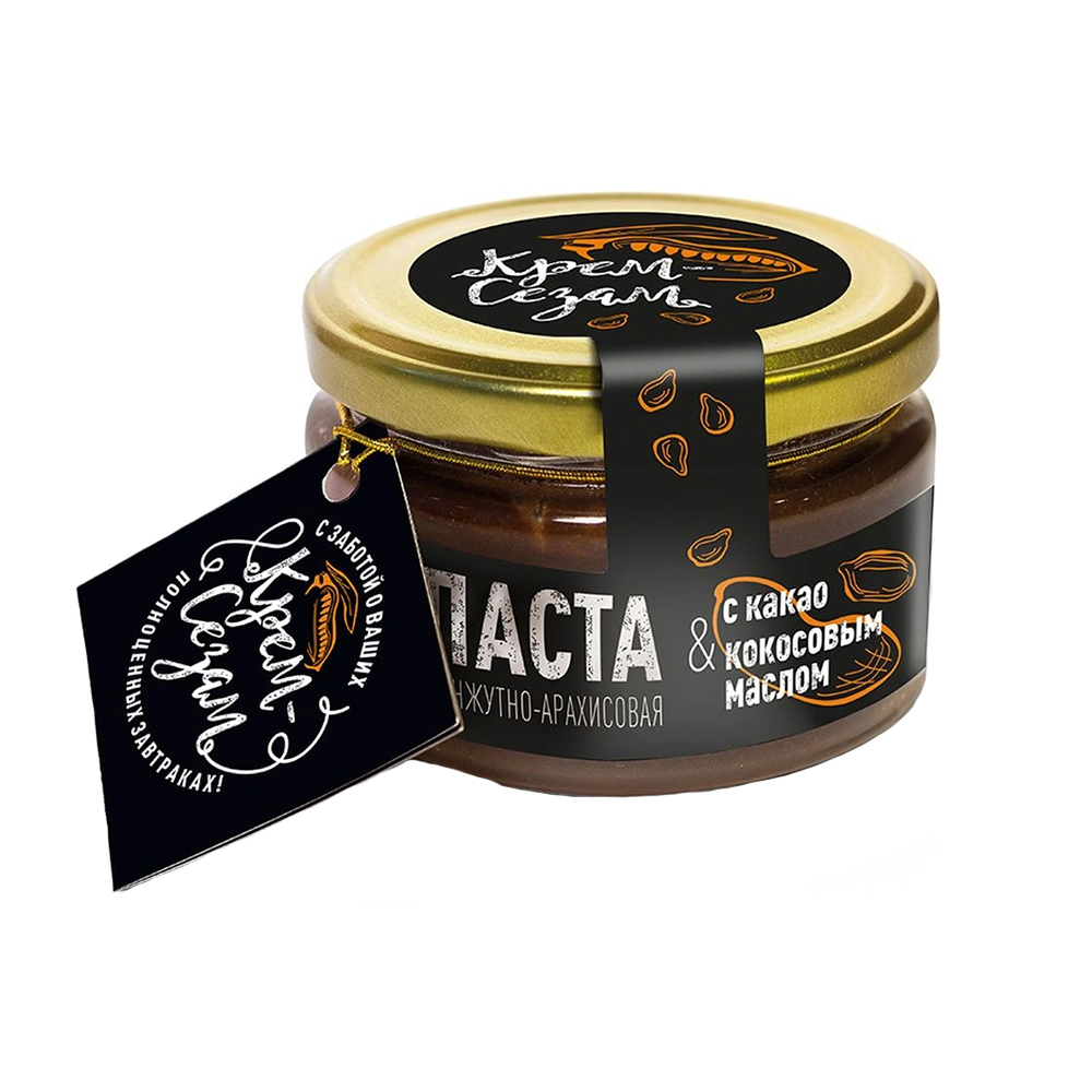 

Паста кунжутно-арахисовая с какао и кокосовым маслом, 200 гр, Крем-Сезам