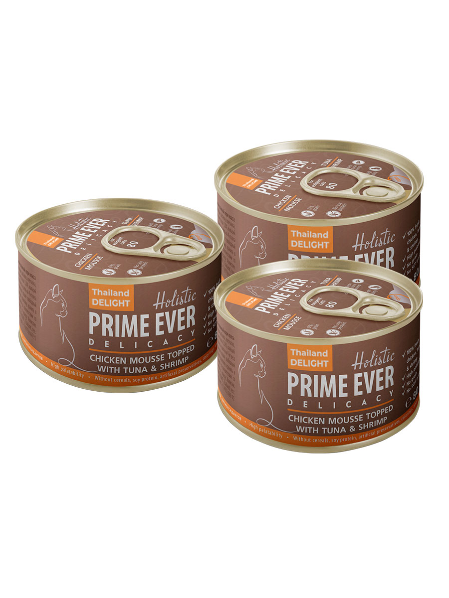 

Консервы для кошек Prime Ever мусс цыпленок с тунцом и креветками, 3шт по 80г
