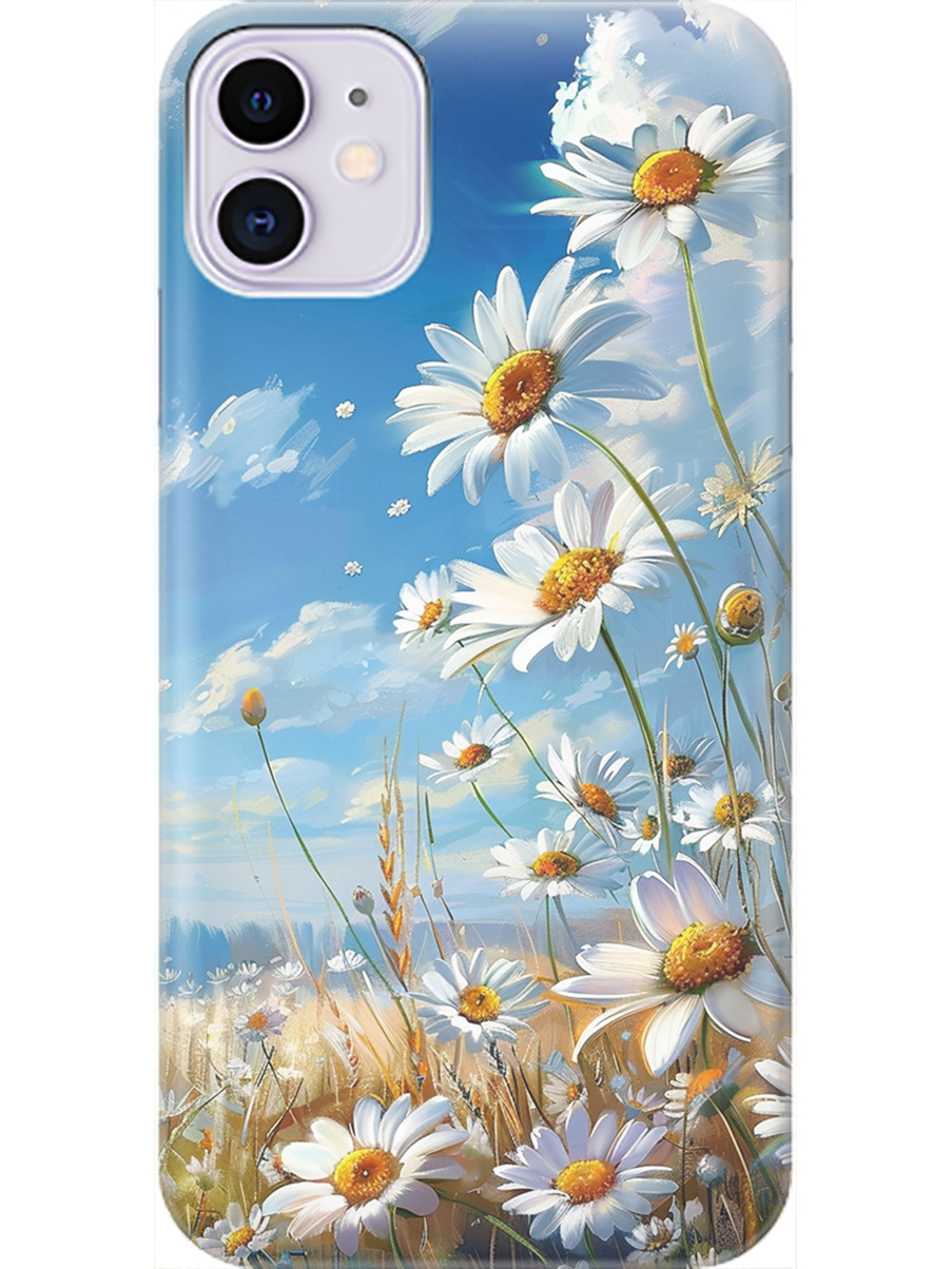 

Силиконовый чехол на Apple iPhone 11 с рисунком "Ромашки на поле", Белый;синий, 20000889