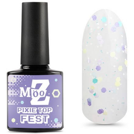 Топ для ногтей глянцевый MOOZ Pixie Fest для гель лака с блестками полупрозрачный 9 мл завоевать лауру