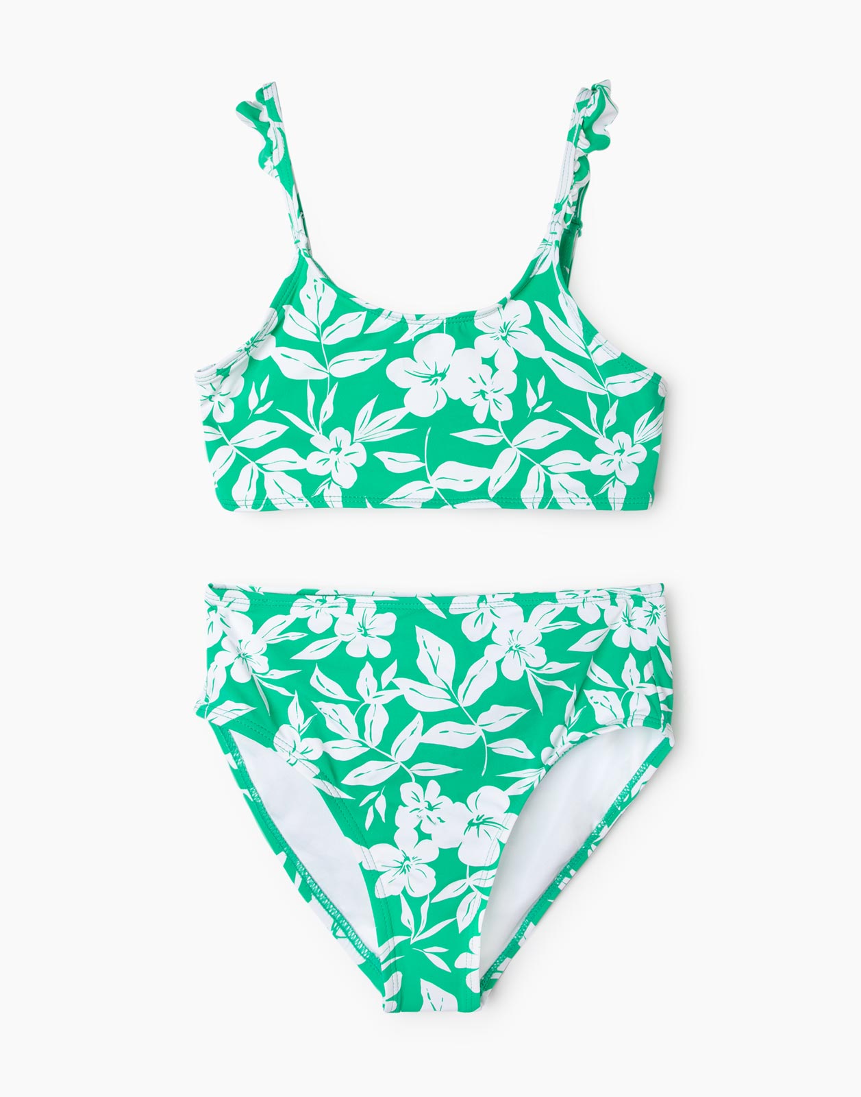 Зелёный раздельный купальник с цветочным принтом для девочки р.140