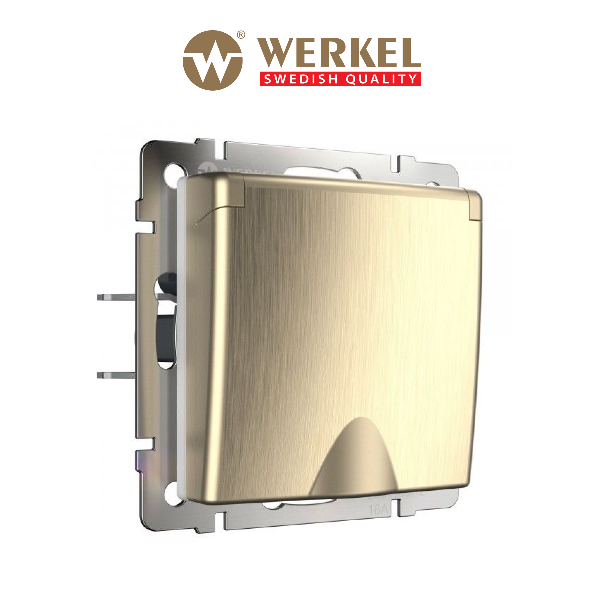 

Розетка влагозащищенная Werkel W1171210 шампань рифл., заземление, защитная крышка, шторки, Золотистый, Розетка с заземлением, шторками и крышкой IP44