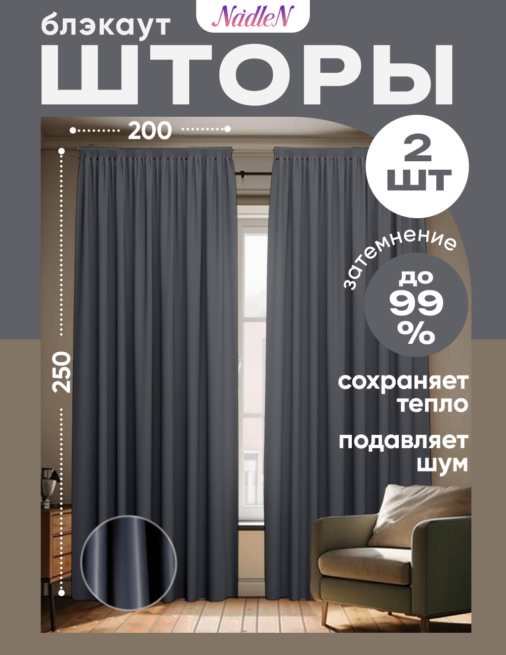 Шторы из Блэкаута, комплект из 2 шт. 200*250 Темно-Серые ТМ Nadlen Premium