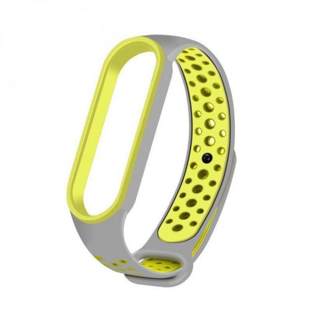 

Ремешок силиконовый перфорированный NK для Xiaomi Mi Band 5 (10), серый+желтый, на кнопке