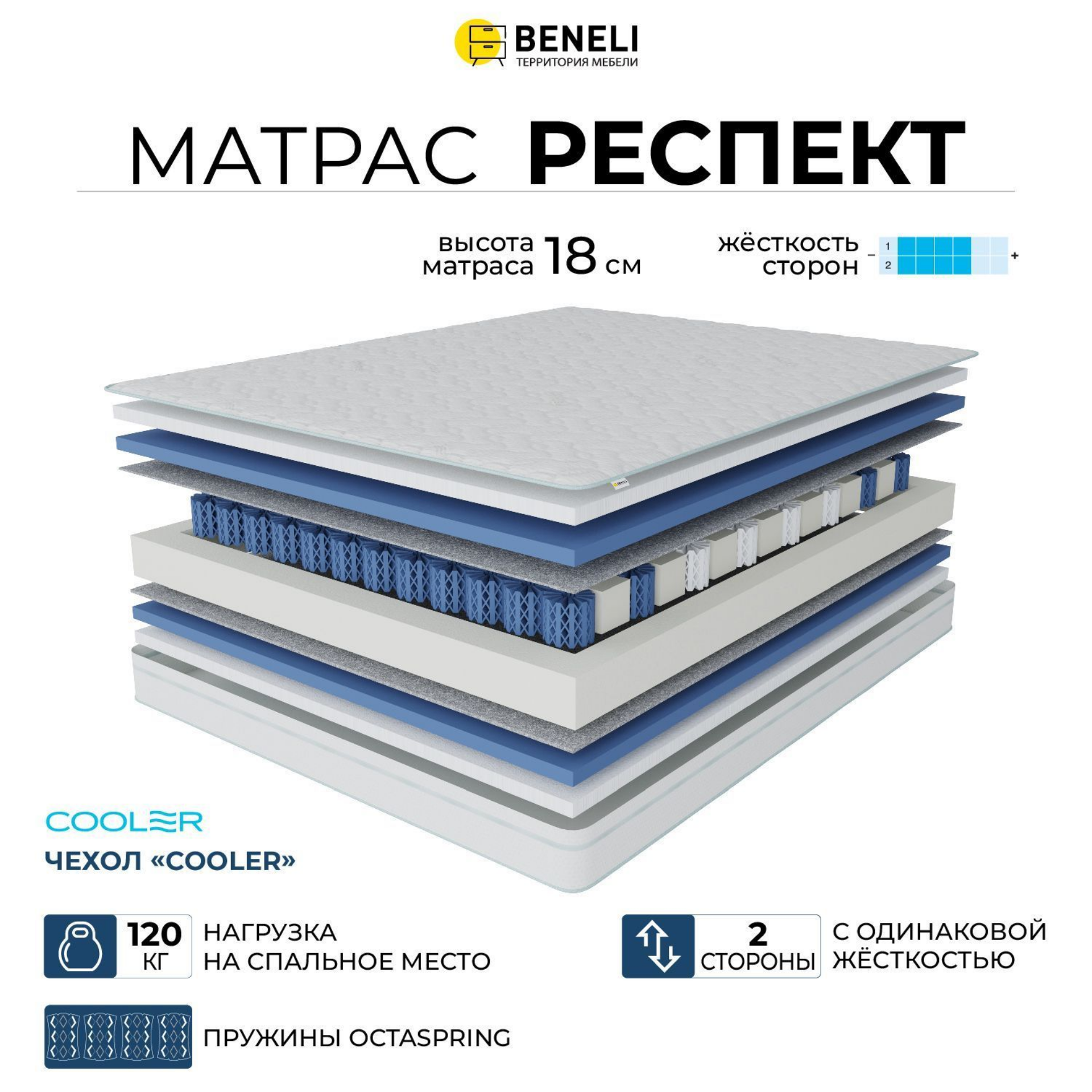 

Ортопедический матрас Beneli Респект в чехле Кулер, гипоаллергенный 140х190, Бежевый;белый, Респект в чехле Кулер