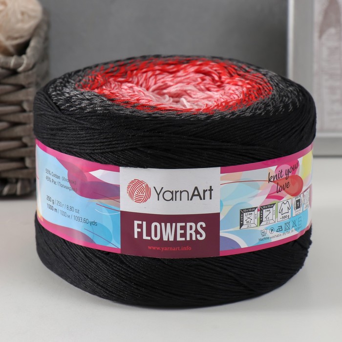 фото Пряжа flowers 55% хлопок, 45% полиакрил 1000м/250гр (282 черный-красн-серый) nobrand