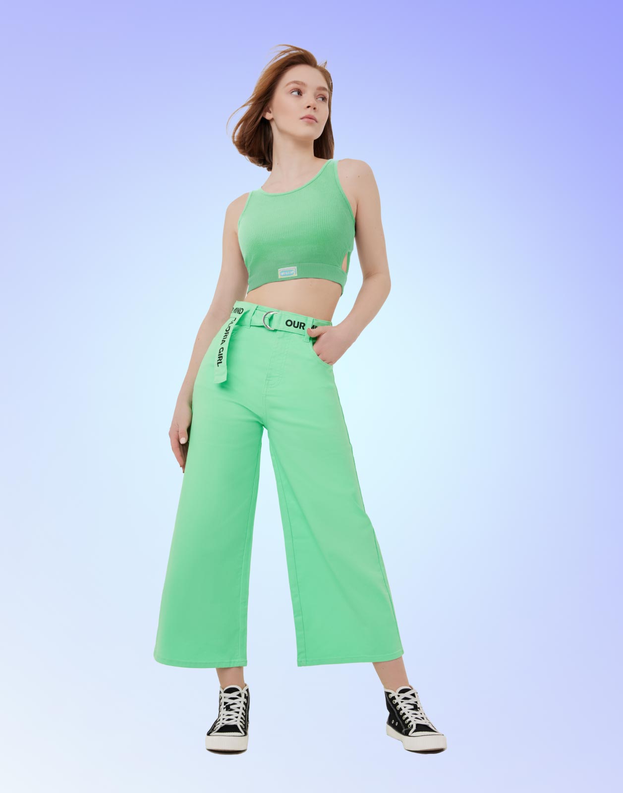 

Зелёные джинсы Wide leg с поясом для девочки р.128, Зеленый, GJN026741