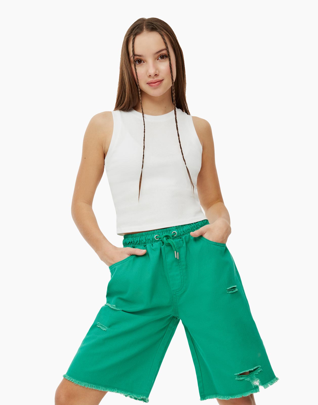 Зелёные джинсовые шорты для девочки р.152