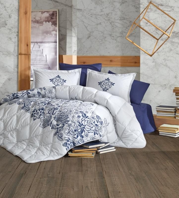 Покрывало из хлопка стеганое KARVEN Y923 MANDORA V1 LACIVERT 180х240 с наволочкой 50х70